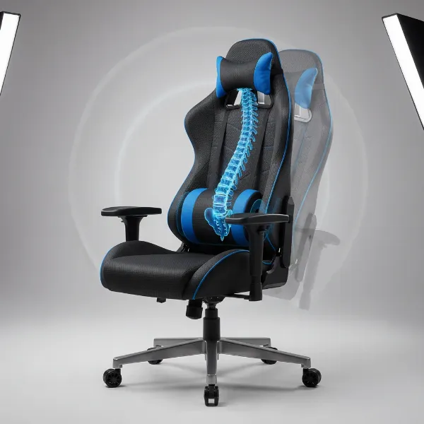 An ergonomic gaming chair with adjustable lumbar support and headrest highlighted, showcasing its customizable features.
