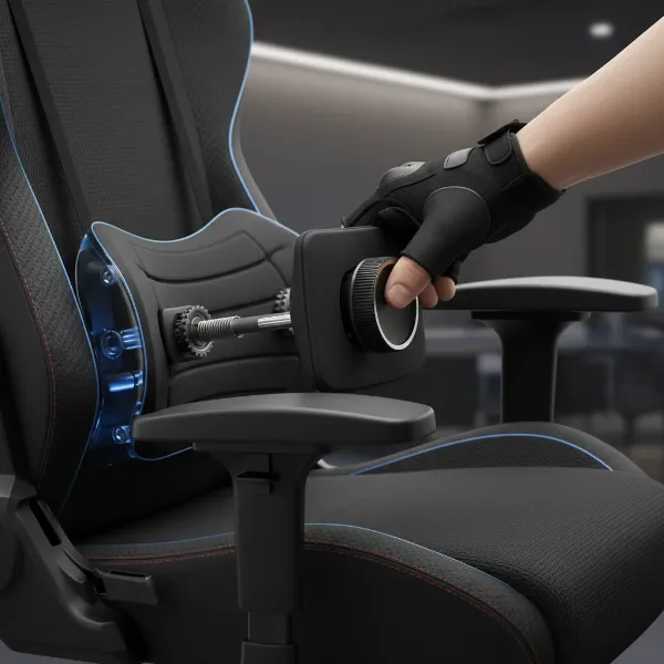 Close-up of a high-end gaming chair's adjustable lumbar support mechanism for custom comfort.