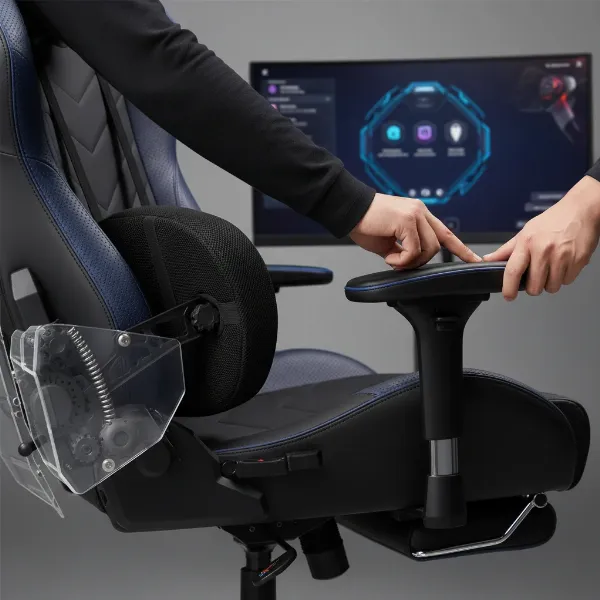A person adjusting the lumbar support and armrests of an ergonomic gaming chair, showing hands on controls.
