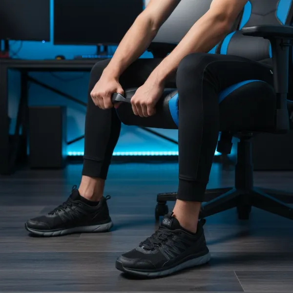 A person precisely adjusting the seat height of a gaming chair, ensuring their feet are flat on the floor and knees are at a 90-degree angle.