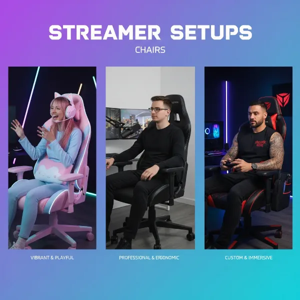 A collage displaying various aesthetic gaming chair options: a vibrant pink E-WIN chair, a sleek black Herman Miller, and a customizable Secretlab Titan Evo, highlighting diversity in streaming styles.