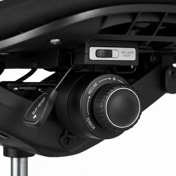 Close-up on the adjustable features of the Oak Hollow Aloria chair, highlighting levers and controls.