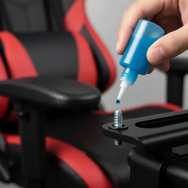 A hand applying blue thread locker to the threads of a screw before inserting it into a gaming chair component.
