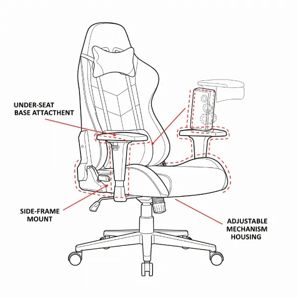Diagram illustrating various attachment points for gaming chair armrests, showing hidden fasteners and different armrest mechanisms.