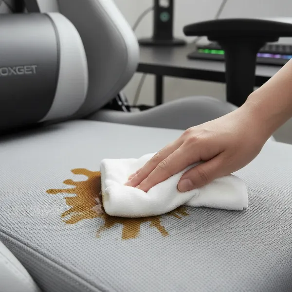 person gently blotting a liquid spill on a fabric gaming chair with a microfiber cloth