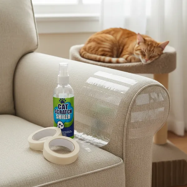 A bottle of cat repellent spray next to rolls of double-sided sticky tape on a protected furniture armrest