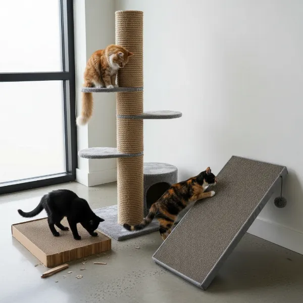 A selection of various cat scratching posts in different materials and orientations for feline appeal