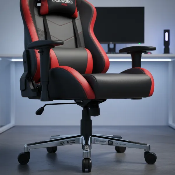 High-quality gaming chair with visible safety certifications and robust design for durability.