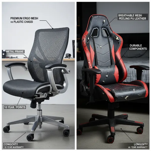 Illustrating chair materials and construction for durability and longevity, comparing office chair vs gaming chair.