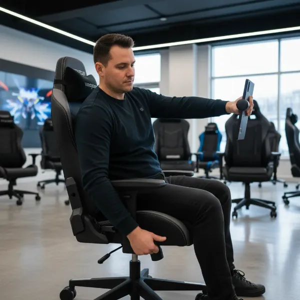 A person trying out a gaming chair in a showroom, adjusting its features to check for optimal posture and comfort.