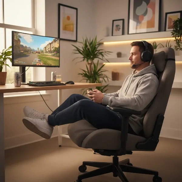 A gamer comfortably sits cross-legged in a wide, flat-seated gaming chair with adjustable armrests.