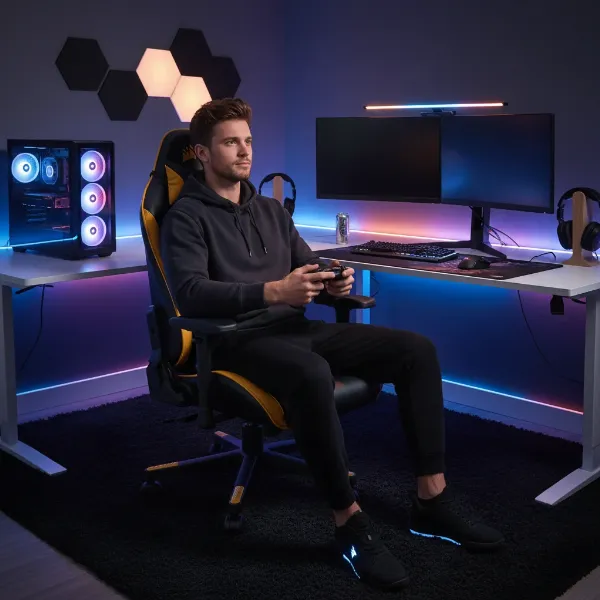 Gamer sitting comfortably in a Corsair T3 Rush gaming chair, illustrating the chair's fit and ergonomic features for a medium-sized individual.