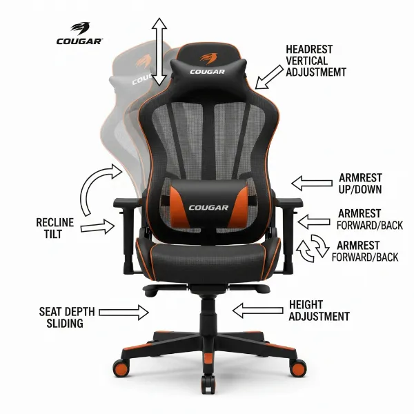 Visual representation of the Cougar Argo's adjustable features: height, tilt, seat depth, headrest, armrests.