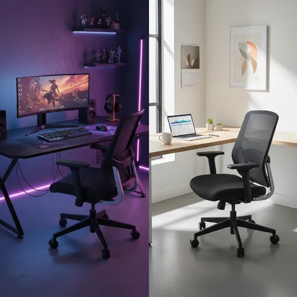Cougar Argo chair in a split image, one side in a gaming setup, other in a professional office.