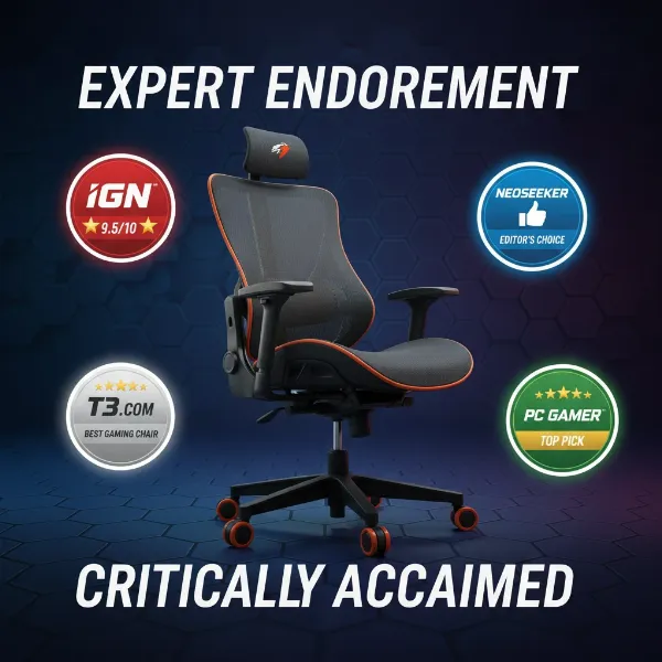 Cougar Argo chair surrounded by logos of IGN, Neoseeker, T3.com, representing positive reviews.