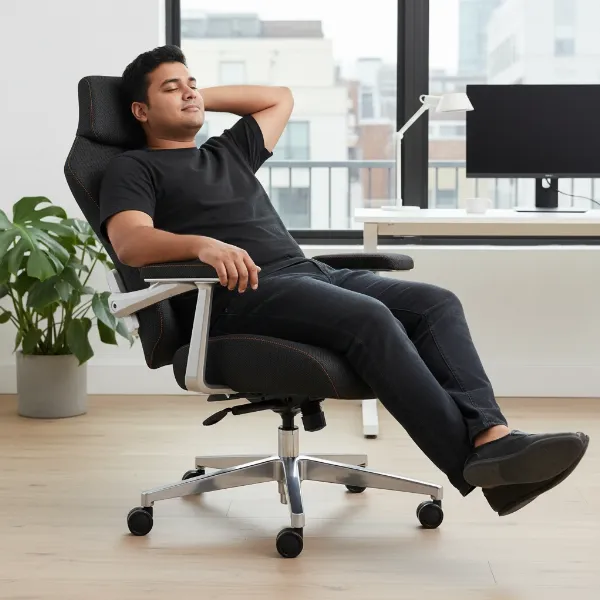 Person sitting comfortably in Cougar Argo chair, demonstrating its generous size and stable design.