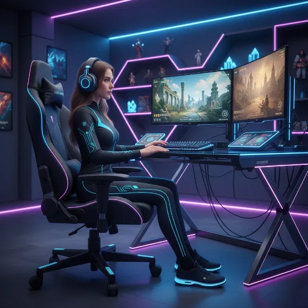 Gamer sitting comfortably in a highly customized ergonomic gaming chair setup, surrounded by gaming gear, illustrating benefits like improved posture and enhanced performance