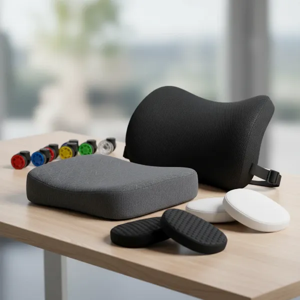 Various gaming chair accessories neatly arranged on a table, including different types of cushions, casters, and armrest toppers, highlighting customization options