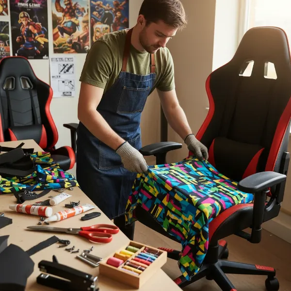 A person working on DIY modifications for a gaming chair, adding custom fabric to the seat, with tools and materials around, emphasizing creative freedom