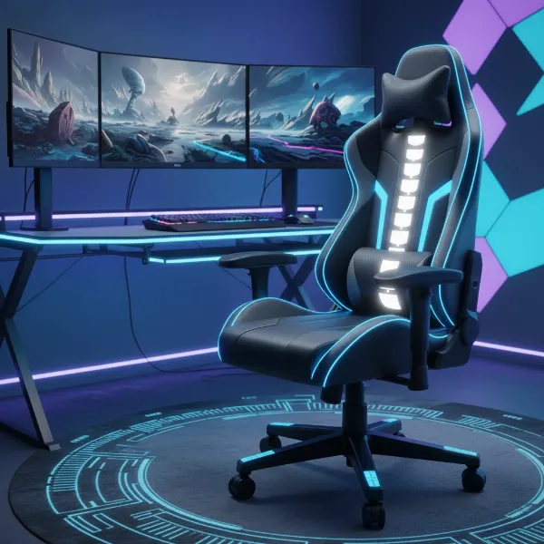 An ergonomic gaming chair promoting proper posture with highlighted areas of spinal support, indicating relief from back and neck pain.