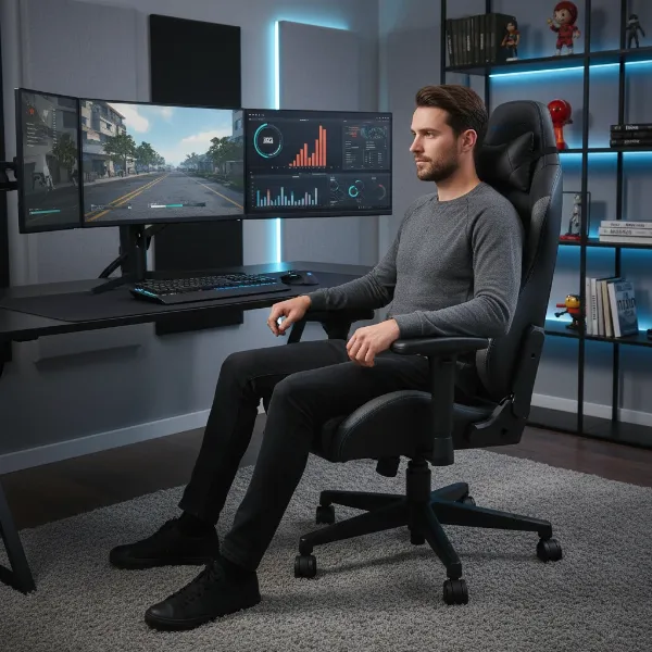 A person demonstrating good posture and comfort in a high-quality, ergonomic gaming chair during an extended session.