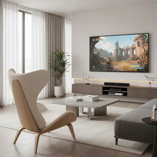 A sleek, modern ergonomic gaming chair with a minimalist design positioned in a contemporary living room with a large TV.