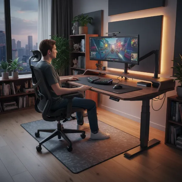 A complete ergonomic gaming setup with a properly adjusted gaming chair, desk, and monitor, demonstrating optimal user posture.