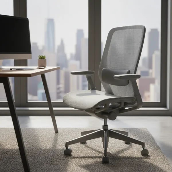 Modern grey ergonomic office chair with breathable mesh backrest and adjustable features for posture support.
