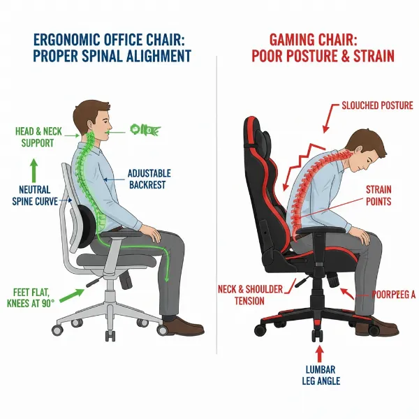 Side-by-side comparison of human spine posture in an ergonomic office chair versus a traditional gaming chair.
