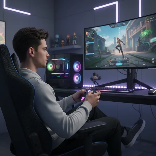 Gamer immersed and focused, comfortably seated in a breathable gaming chair, experiencing optimal concentration.