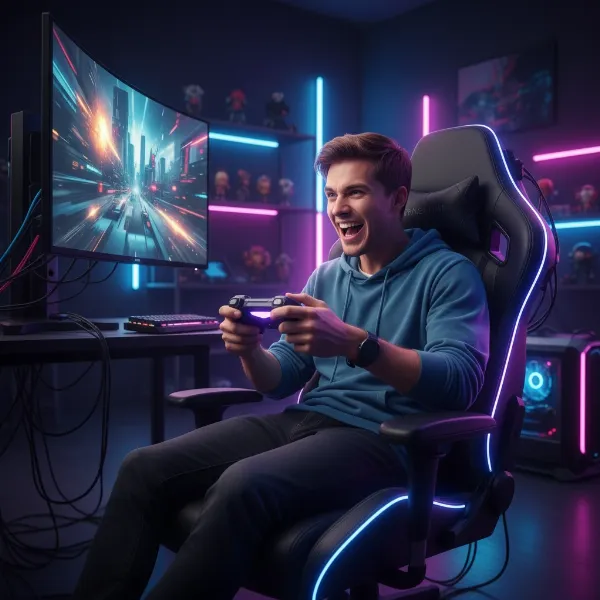 A gamer deeply immersed, feeling dynamic haptic feedback from a high-tech gaming chair during an intense game.