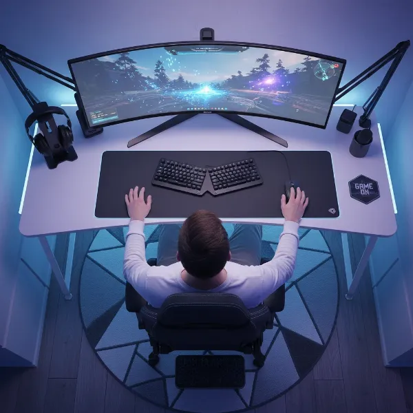An overhead shot of a perfectly set up ergonomic gaming station with a gamer sitting in ideal posture, monitor at eye level, hands on keyboard/mouse with neutral wrists, and feet flat on the floor.