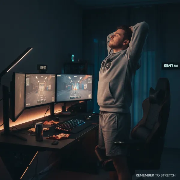 A gamer standing up from their desk and doing a simple back stretch or shoulder roll, emphasizing the importance of breaks.