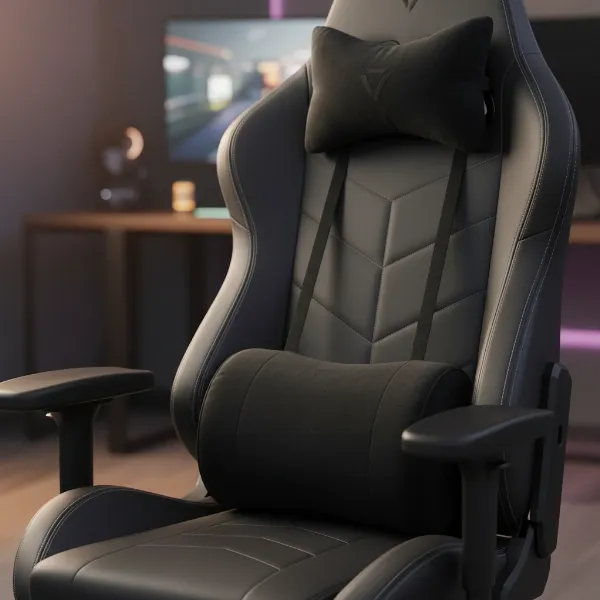 A close-up of a gaming chair with an ergonomic memory foam lumbar pillow and a neck pillow attached, highlighting comfort and support features.