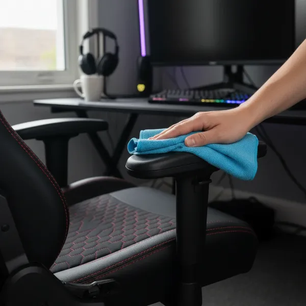 person wiping down gaming chair with microfiber cloth for routine upkeep