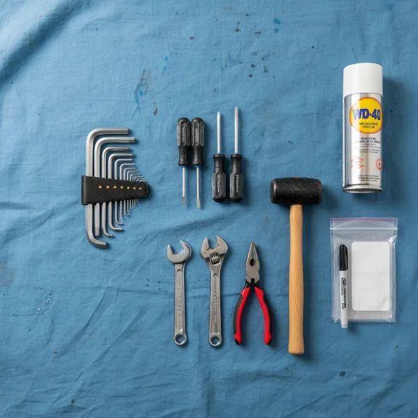 essential tools for disassembling gaming chair including wrenches, screwdrivers, mallet, and lubricant on a workspace