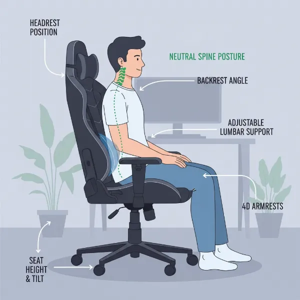 Illustration of a person sitting in a gaming chair with proper ergonomic adjustments highlighted for optimal posture.