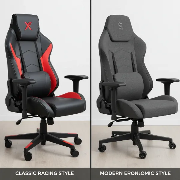 Visualizing the evolution of gaming chair styles, from racing bucket seats to ergonomic office designs.