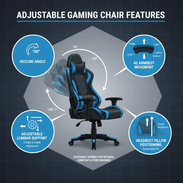 An infographic illustrating key features of a gaming chair: adjustable recline, 4D armrests, lumbar support, and headrest pillow.