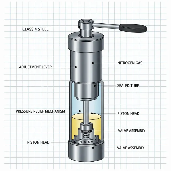 Detailed view of a gaming chair gas lift cylinder mechanism with internal components visible, showcasing safety features.