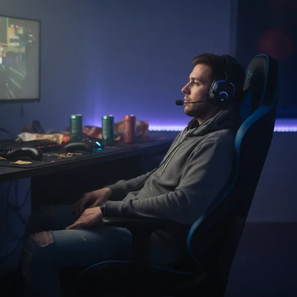 Ergonomic gaming chair headrest supporting a gamer's neck during a relaxed, reclined position, emphasizing comfort and proper alignment.