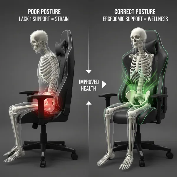 Illustration of a gaming chair supporting spinal health with proper lumbar support and healthy spinal alignment.