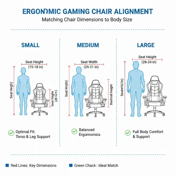 A graphic illustrating different body sizes (small, medium, large) matched with corresponding gaming chair dimensions, emphasizing proper fit for ergonomic support.