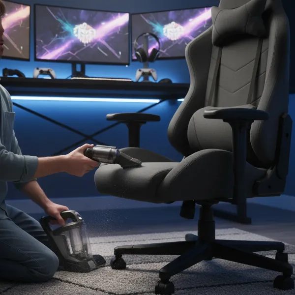 A person vacuuming a fabric gaming chair with an upholstery attachment, showing attention to detail.