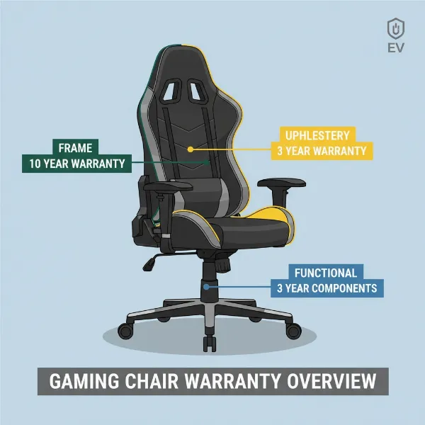 An infographic showing a gaming chair with different parts highlighted, illustrating varying warranty lengths for the frame, upholstery, and mechanisms.