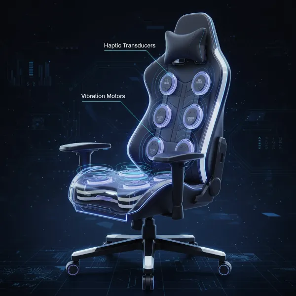 Diagram of a haptic gaming chair showcasing internal transducers and vibration technology for immersive tactile feedback.