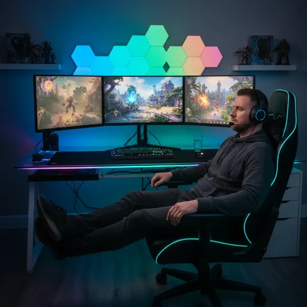 A gamer sitting comfortably in a large, supportive heavy-duty gaming chair, looking focused on their game setup.
