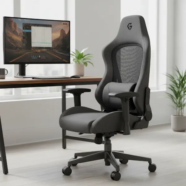 A modern, stylish hybrid ergonomic gaming chair that blends professional aesthetics with gaming features.