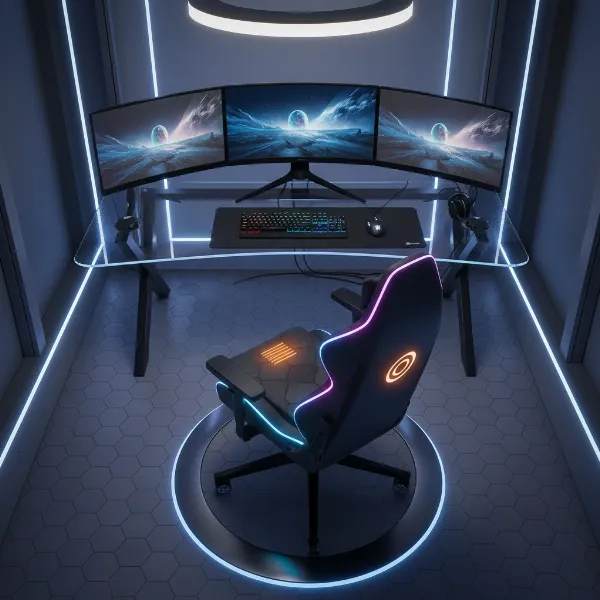 A comfortable, modern gaming chair with massage and heating functions highlighted, set in a gaming room.