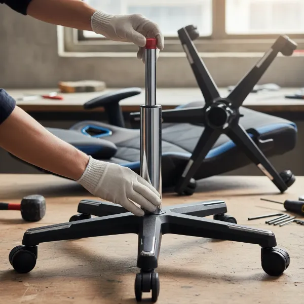 A person's hands installing a new gas lift into the base of a gaming chair, demonstrating the alignment and securing process.